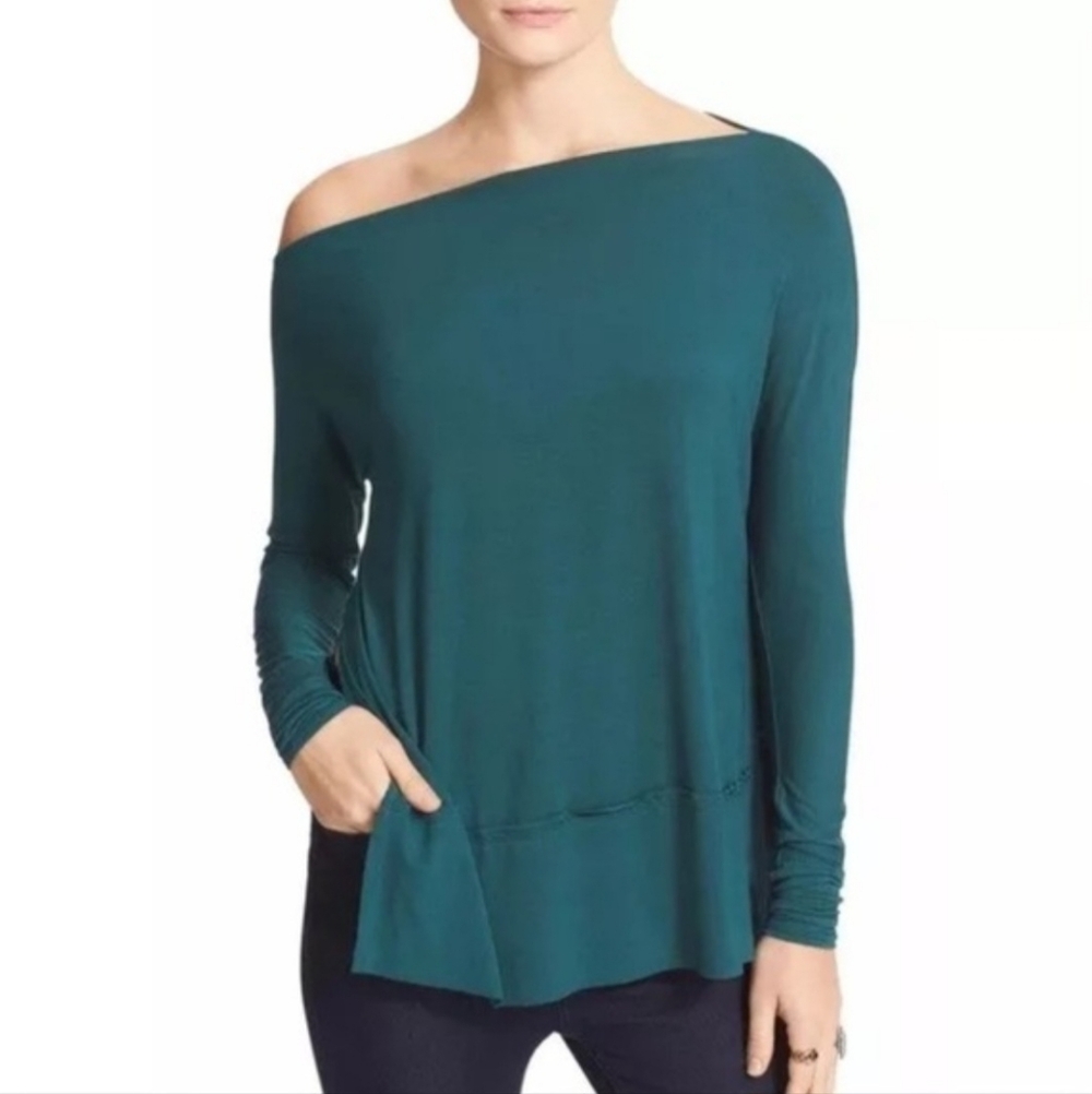 Large WE THE FREE Luna Tunic Green Boat Neck Long Sleeve High Side Slits